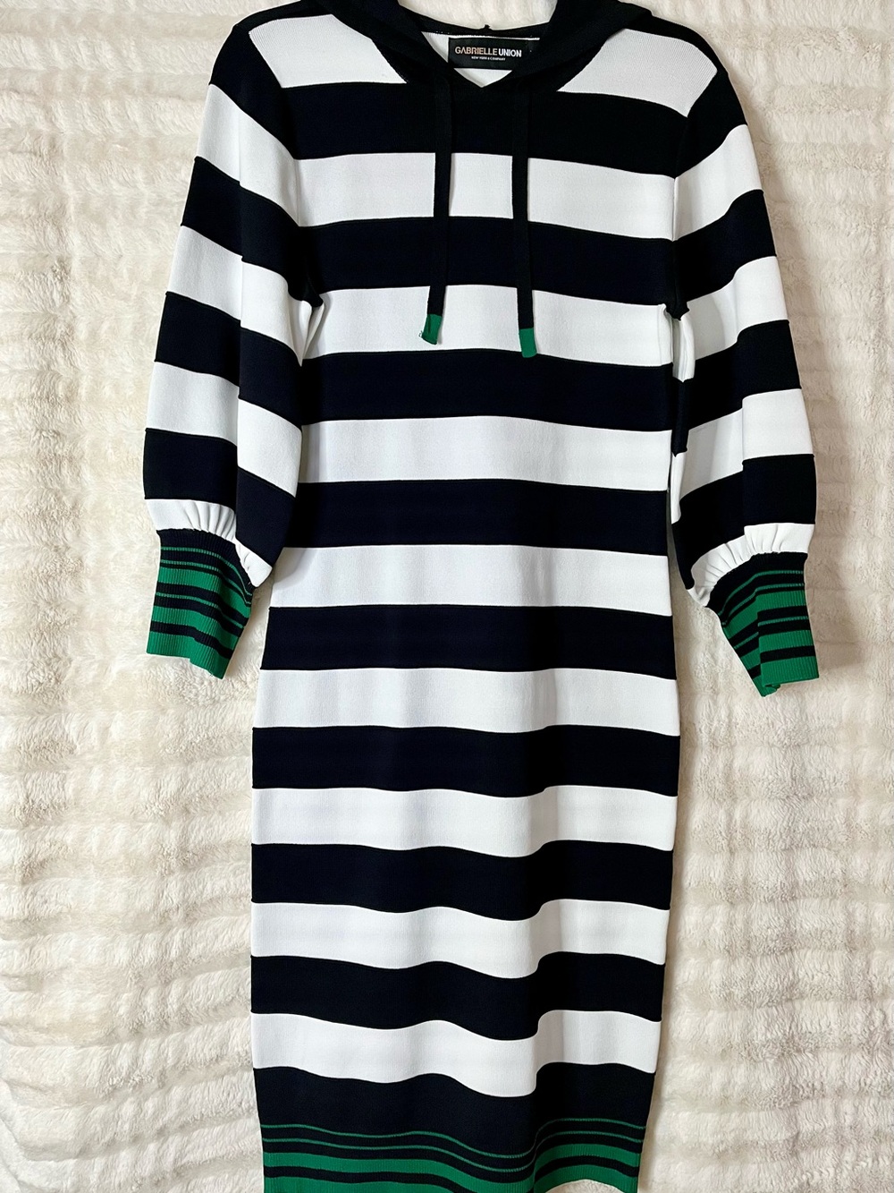 New York & Company Womens’ Black & White Stripe Hoodie Dress with Green Accents